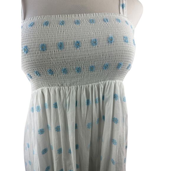 Zara Floral Embroidered Tiered Maxi Sundress Smocked White Blue Dress Size Large - Picture 7 of 16